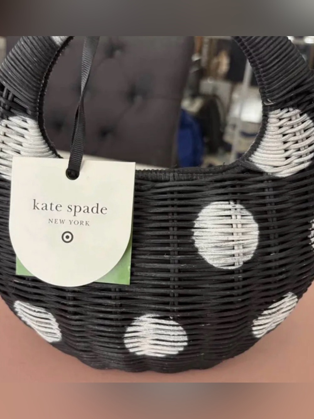 kate spade/Target Black and White Polka Dot Wicker Circle Tote - Picture 4 of 6